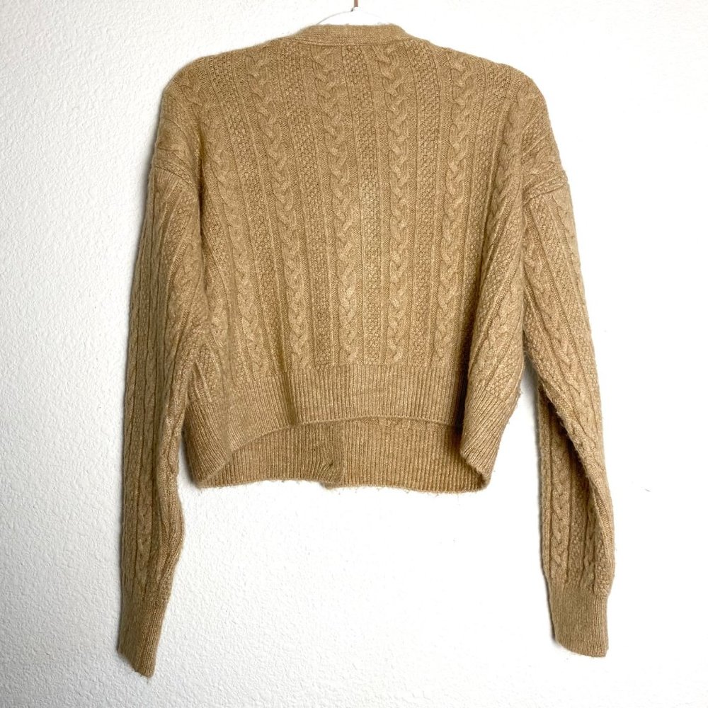 Zara Cable Knit Button Cropped Long Sleeve Cardigan Sweater Camel Tan - Picture 4 of 7